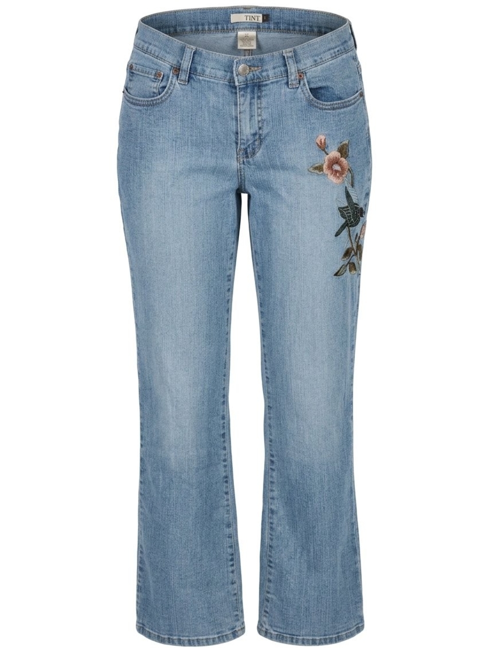 TINT Women's Floral Bird Embroidered Flare Jeans Light Wash Boho Denim 4/28 1105